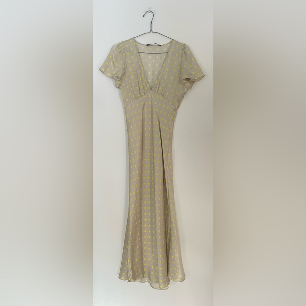 ZARA Polka Dot V-Neck Midi Dress – Neutral & Neon Yellow - Picture 4 of 7